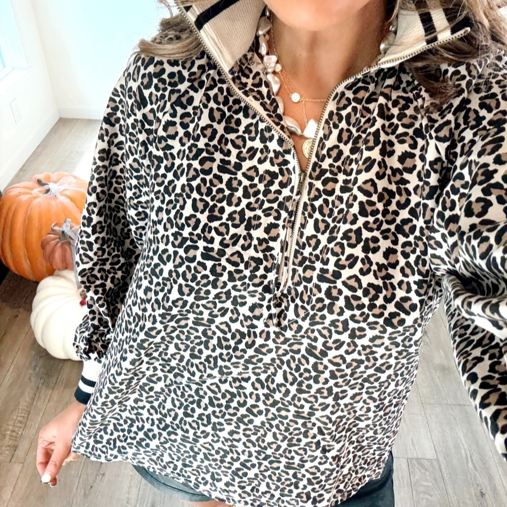 Entro Leopard Print Quarter-Zip Pullover in Black and Cream